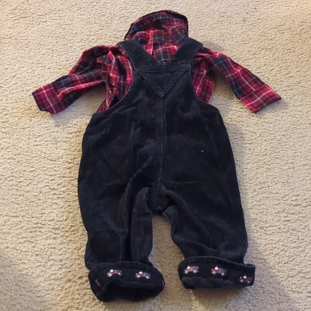 Gymboree Red & Black Plaid Corduroy Fire Truck Overalls Set Size 6-12 Month